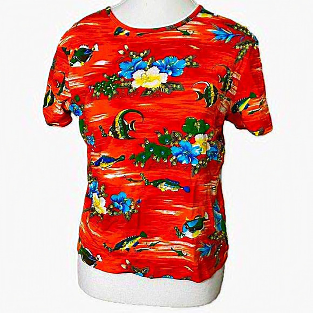 Mendocino Orange Short Sleeve Top with Tropical Fish‎ and Embellishments
